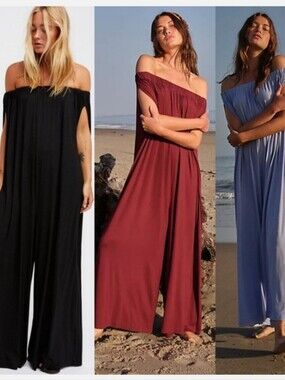 Free People Beach Mexicali Maxi Off The Shoulder Onesie Jumpsuit Black Med